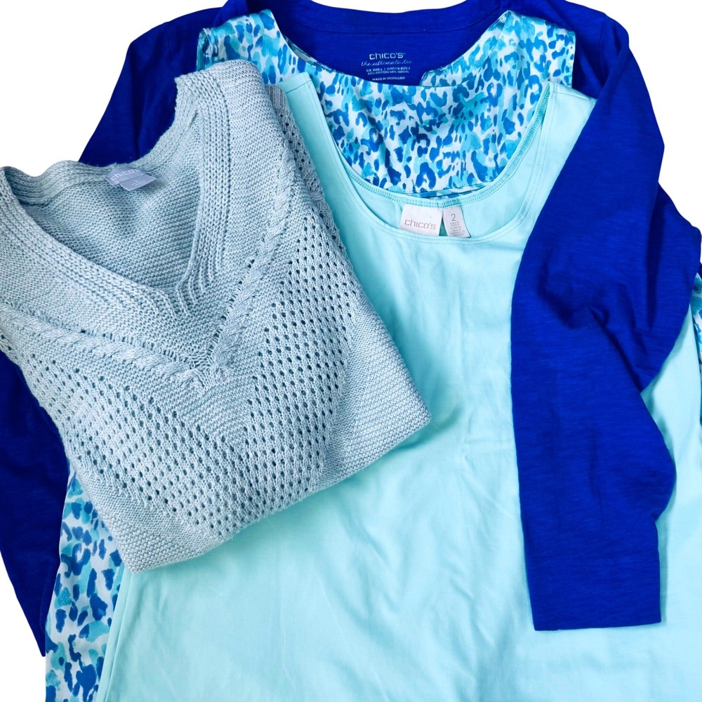 Chico's Size 2 L 12 Coordinated Blue Aqua 4 Piece Bundle Sweater Tanks Cardigan